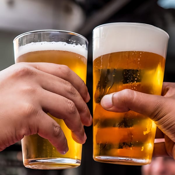 Two hands holding and clinking glasses of golden beer with frothy white heads.