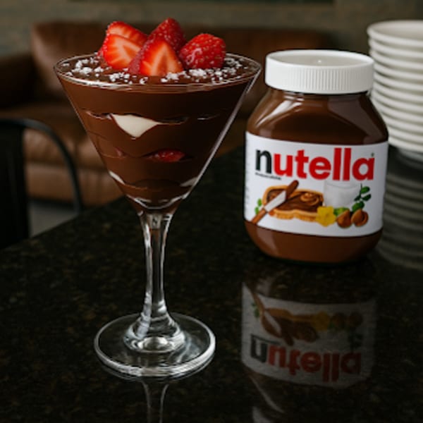 Nutella dessert in a martini glass with strawberries and a jar of Nutella.